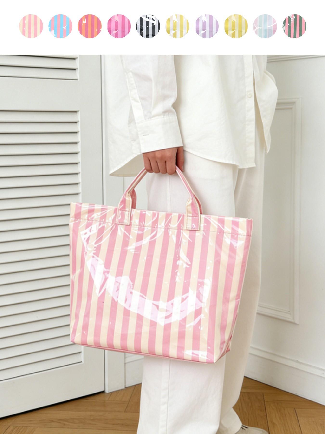 2026 New Striped Handbag Tote Bag, Large Capacity Shopping Bag, PVC Waterproof Fabric, Velcro Closure, Ideal for Daily Commute, Beach Vacation, Travel