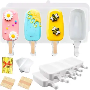 [Summer essentials]3pcs Large Silicone Popsicle Molds with Lids,4 Cavities Cake Pop Molds,Oval Ice Cream Bar Mold Ice Pop Cakesicle Molds Silicone with 100 Wooden Sticks & 100 Bags &100 Twist Ties(White)Gift