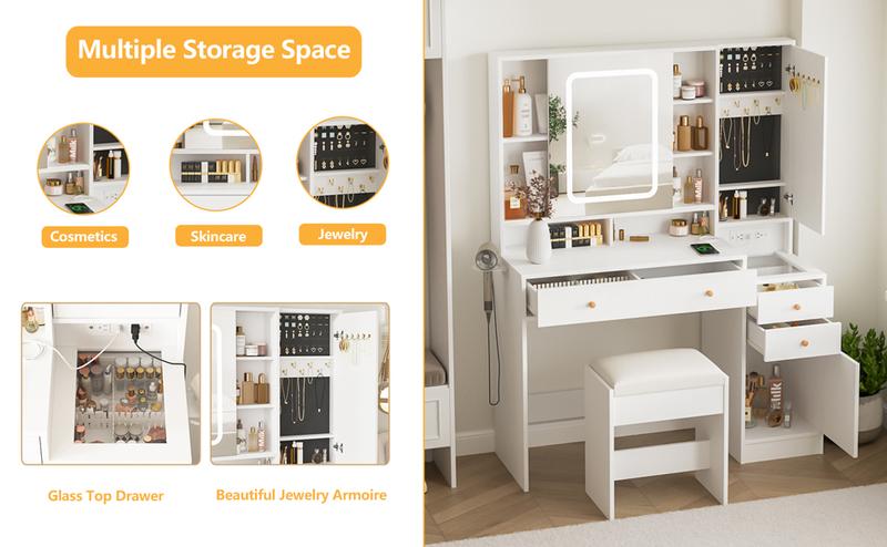 Vabches White Vanity Desk with Mirror and Lights, Vanity Table Makeup Vanity with Lights 3 Drawers and Cabinets