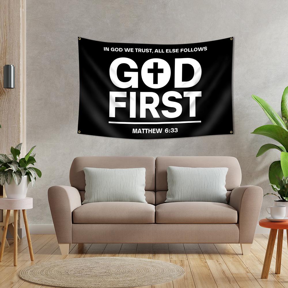 GOD FIRST Flag 150x90cm  Single Sided Flag with 4 Brass Grommets - Jesus Christ American Polyester Flags for Outside or Inside -Christian Jesus Bedroom Wall Decor Jesus flag,Christmas Banner, Outdoor Balcony Yard Decor, Holiday Party Decorations Banners