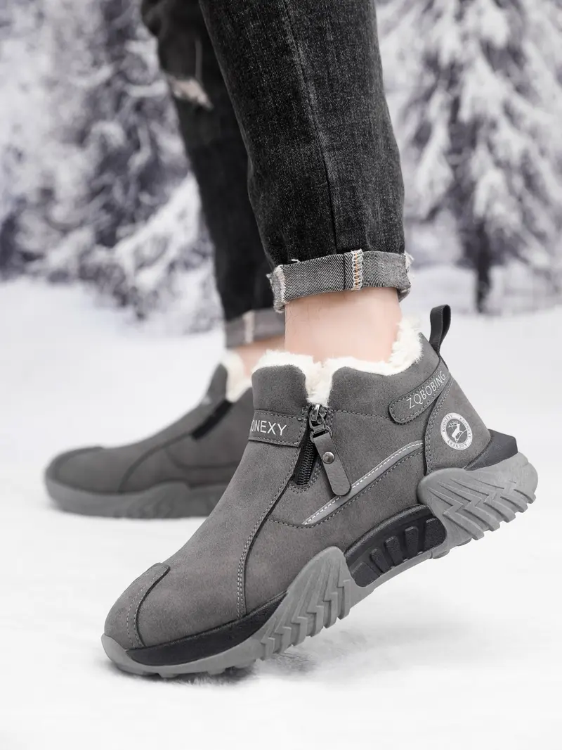 Unisex Winter Snow Casual Ankle Boots, Suede-Look Upper, Side Zip, Fleece-Lined Warm, Thick PVC Sole