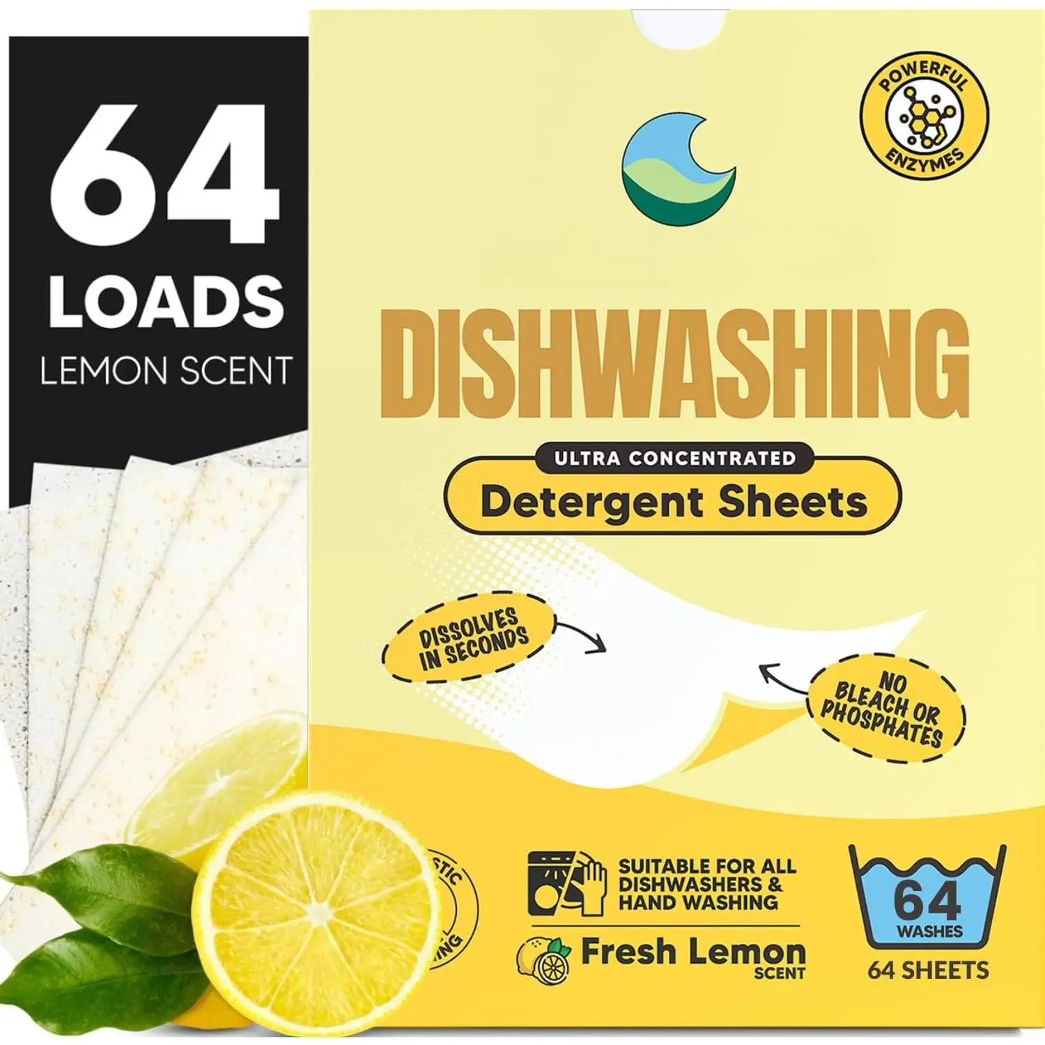 Dishwasher Dishwashing Detergent Sheets, Dish Soap & Dishwasher Tablets Alternative. -Based, , Fully ,  Scent (1 Pack of 64 Washes)