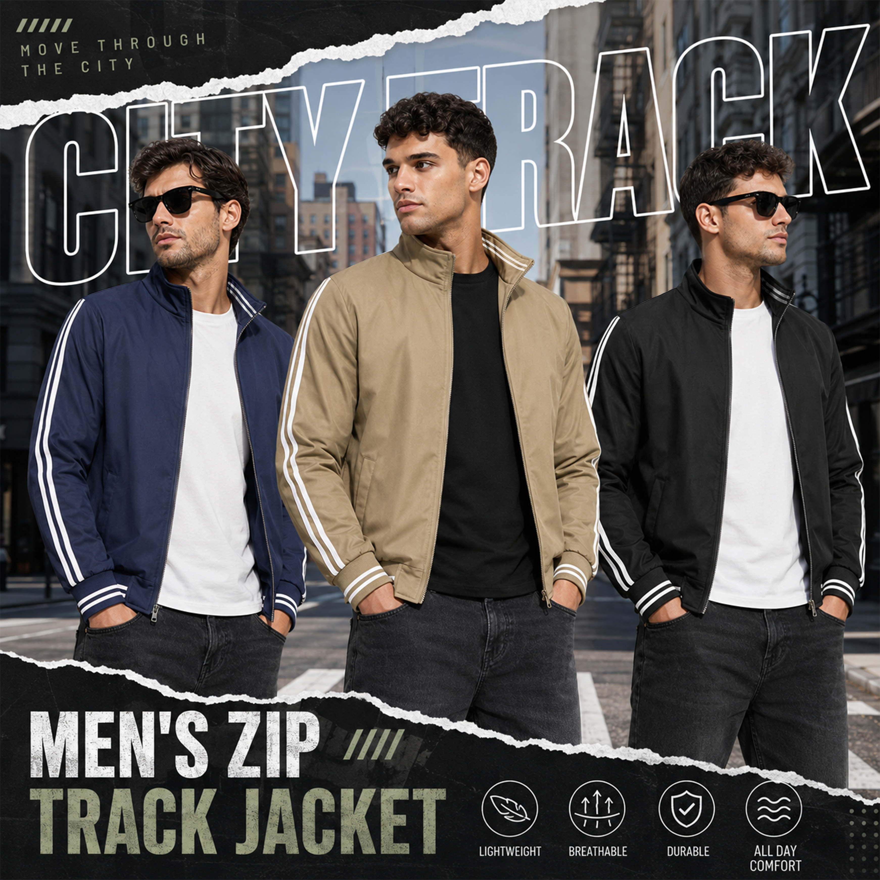 Men's Classic Ribbed Zippered Bomber Jacket - Lightweight Streetwear Coat with Lion Graphic, Sporty Stripe Sleeves and Full-Zip Front