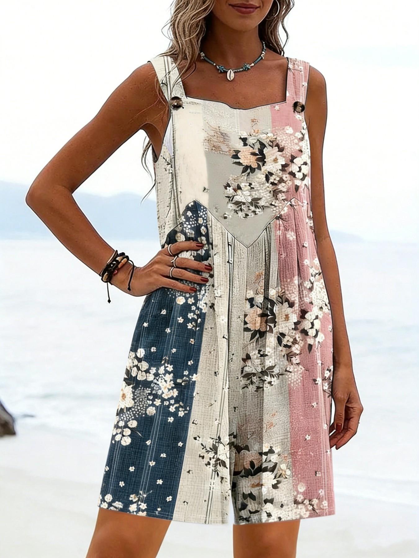 Plus Size Women's Lightweight Breathable Patchwork Floral Sleeveless Loose Fit Casual Boho Bohemian Romper Overalls, Y2K Summer Beach Daily Wear