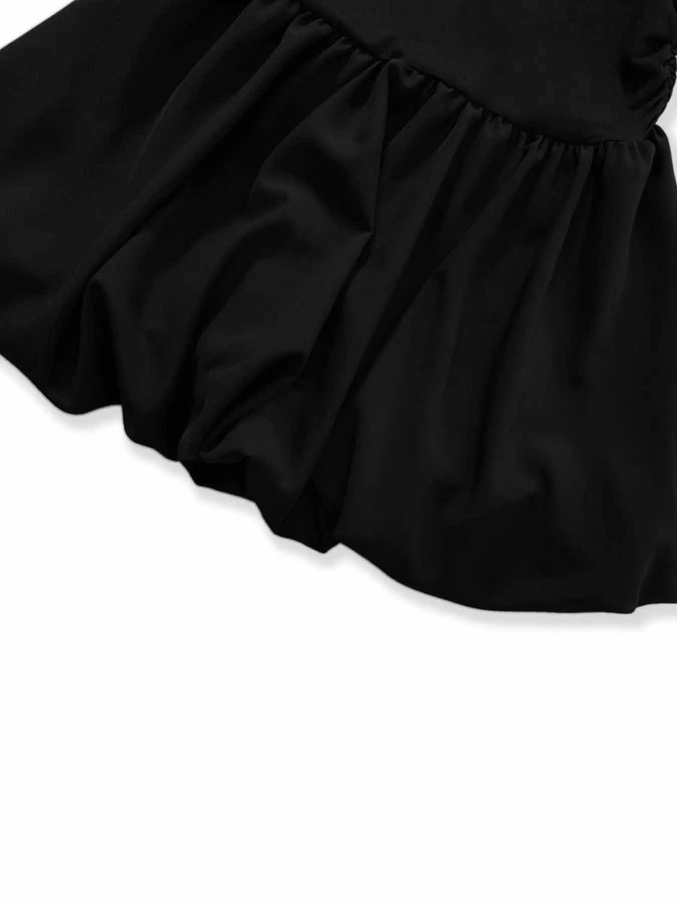 1-Piece Women's Elegant Off The Shoulder Mini Dress, Black Long Sleeve Ruched Waist Bubble Skirt Dress for Party and Night Out
