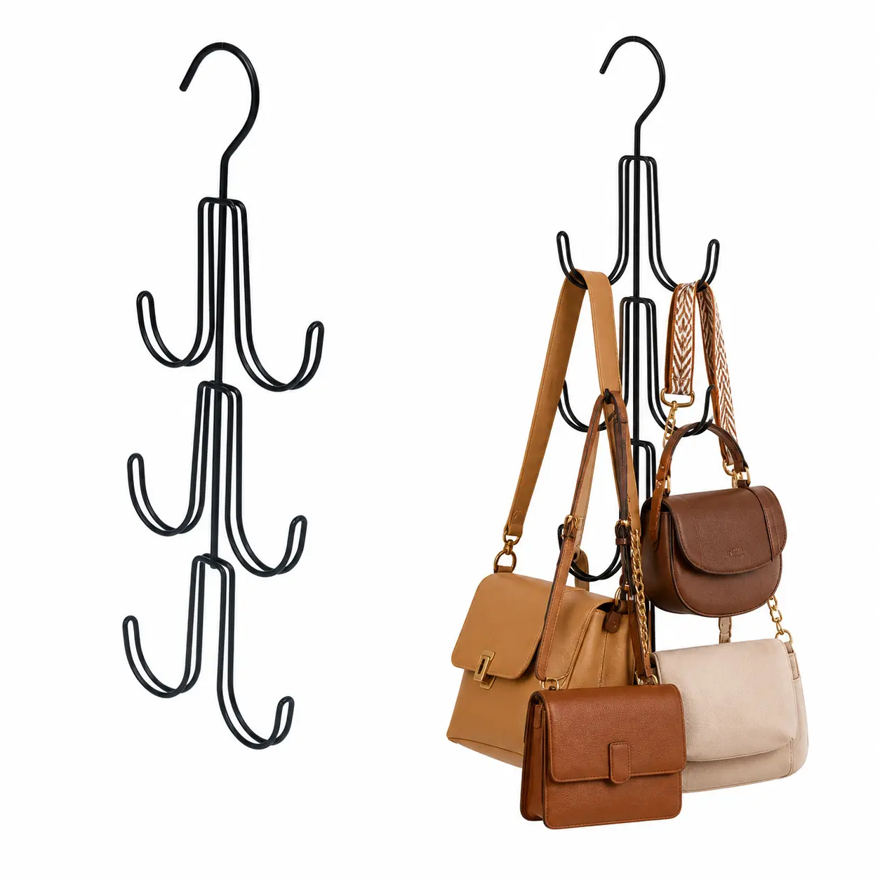 2 Pack Multi-Purpose Bag Hanger for Closet, Space-Saving 3-Tier Metal Organizer with 12 Hooks for Purses, Backpacks, Hats, Scarves and Belts