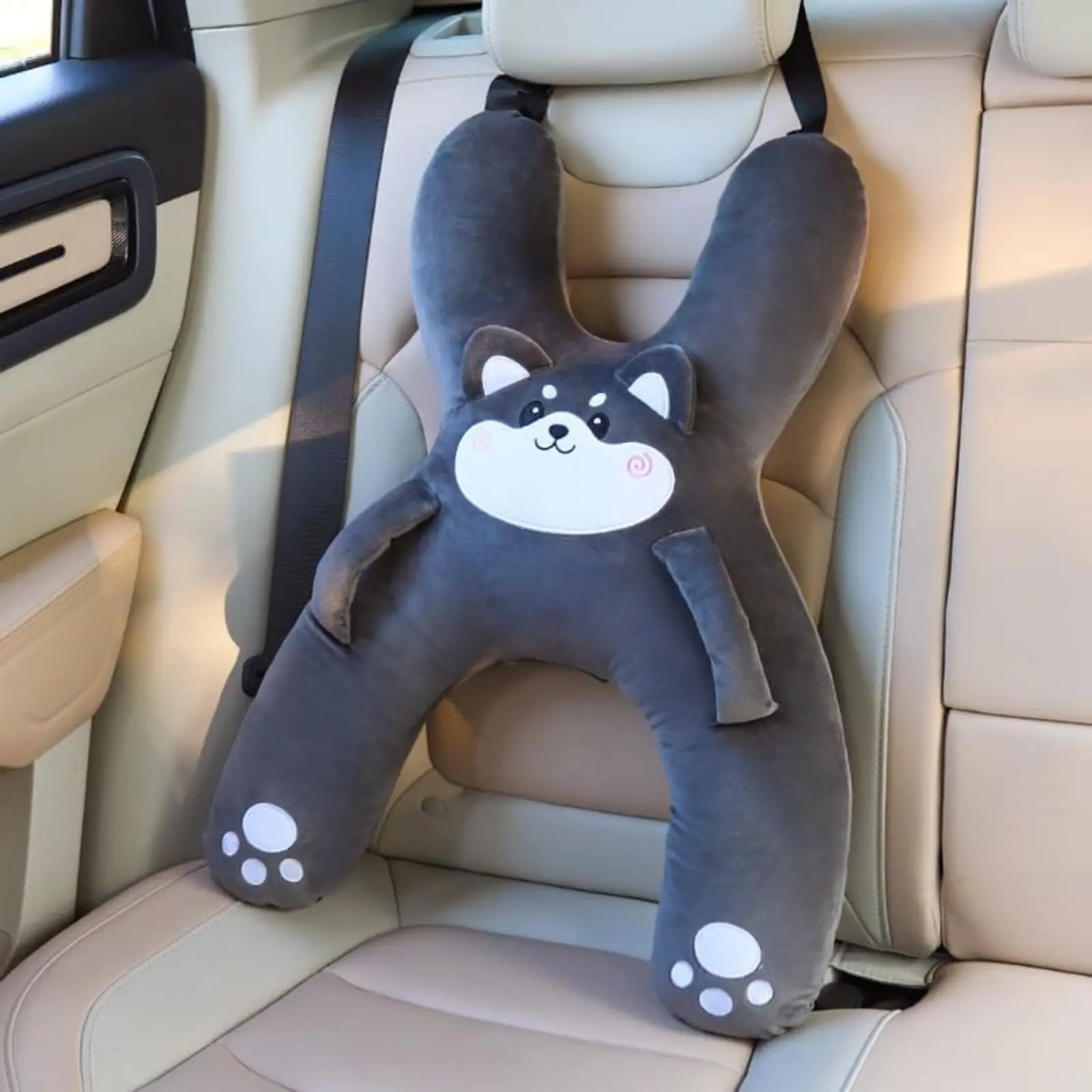 Travel Pillow with Safety Belt Protector, H-Shaped Neck & Back Support, Cute Animal Plush Design, for Road Trips & Daily Commutes, Machine Washable