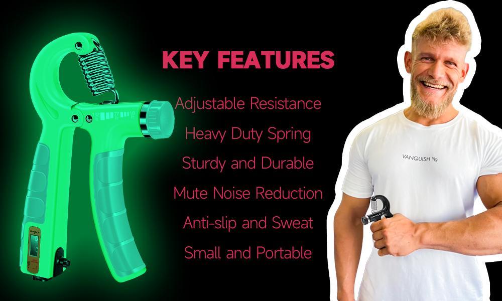 Glow Counting Hand Grip Strengthener Workout Kit, 2 Forearm Grip Adjustable Resistance Hand Gripper, Finger Stretcher, Grip Ring & Stress Relief Grip Ball for Athletes, Gift for boyfriend