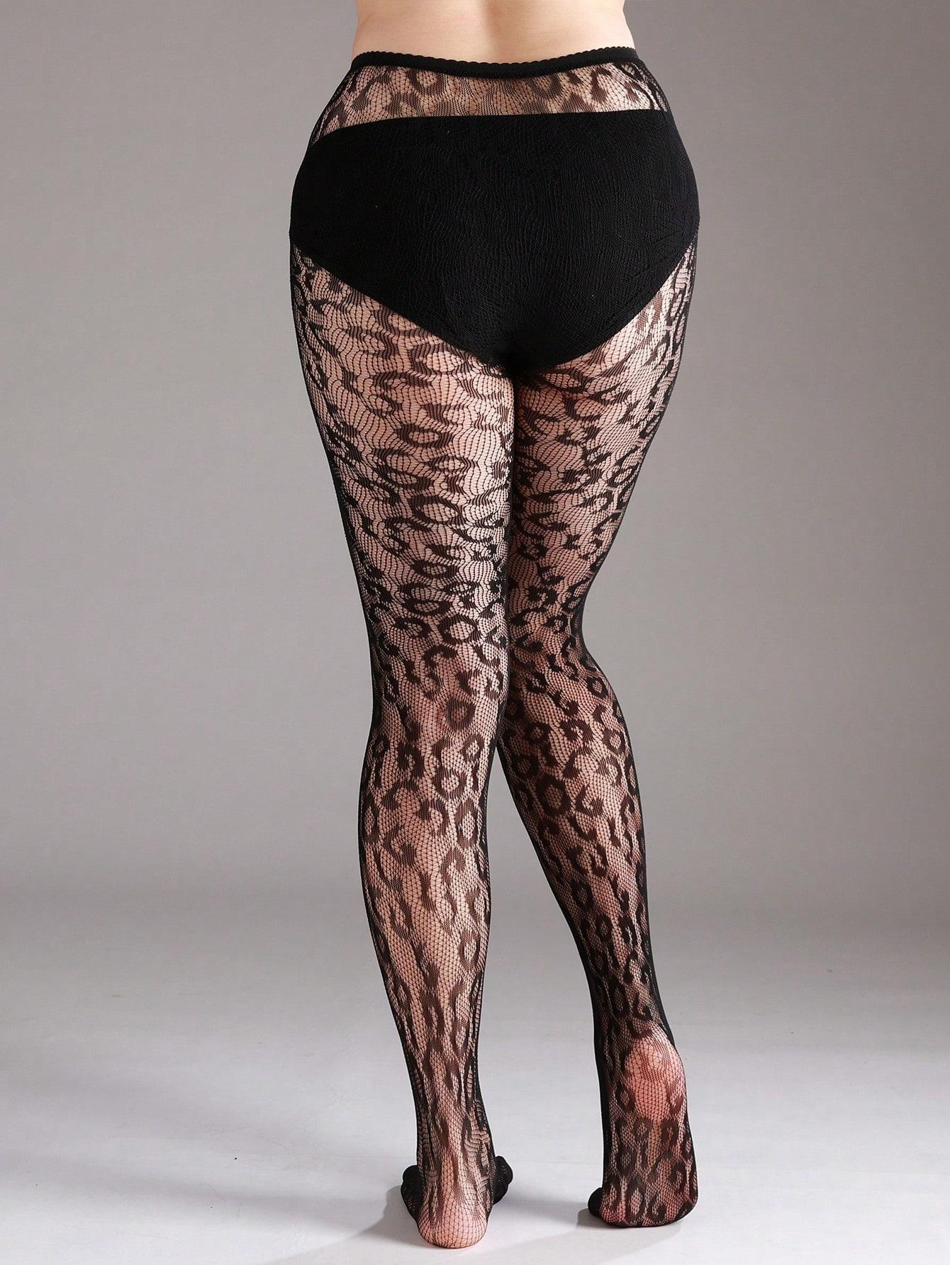 Plus Size High Stretch Leopard Print Fishnet Leggings, Sexy Hollow Net Stockings, Fashionable Halloween Costume, All Seasons