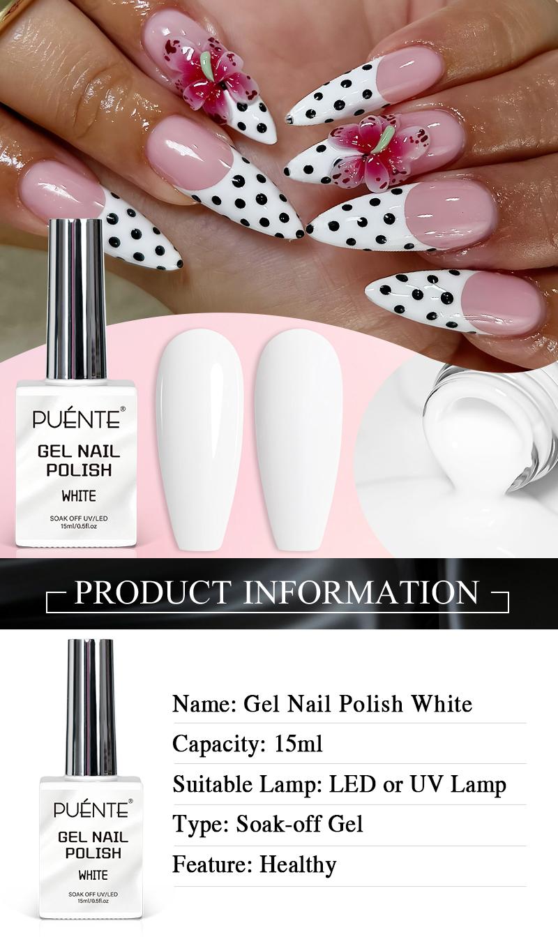 Puente 15ML Gel Nail Polish Pure White color gel polish long lasting Top Gloss Soak Off UV LED semi-permanent Nails Art Manicure Salon DIY Design at Home Gift