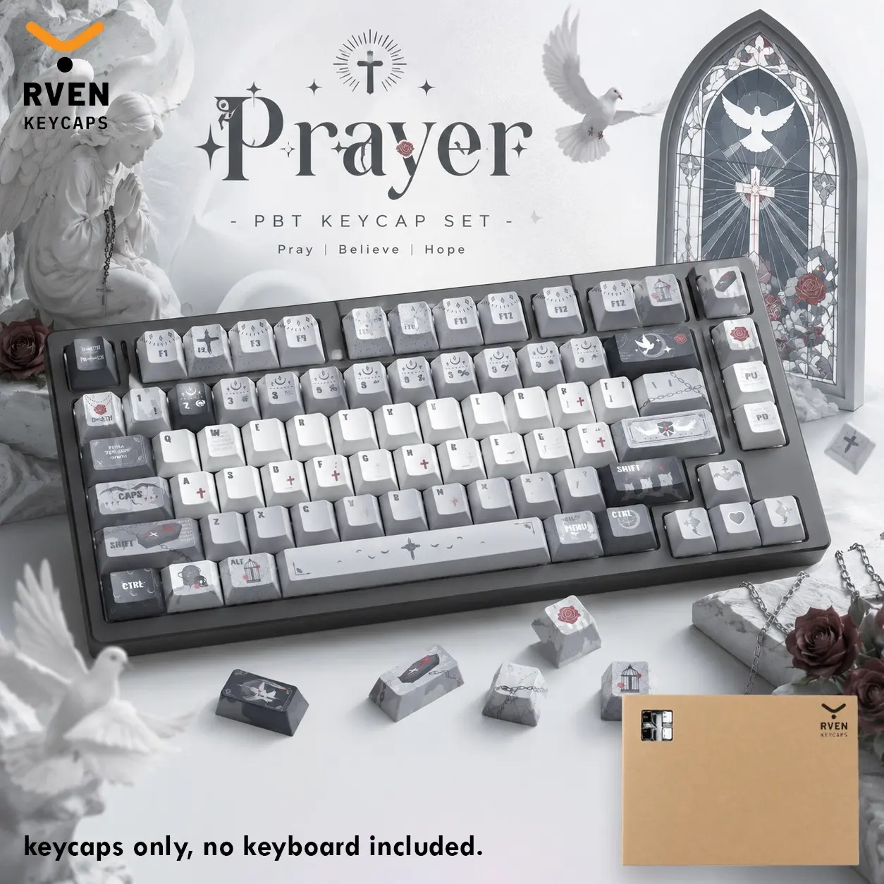 Rven Prayer Theme 143 Key Pbt Keycap Set, Five-Sided Heat Transfer Cherry Height, Gothic Cross Dove Dark Rose Pattern, Mx Axis Mechanical Keyboard Compatible