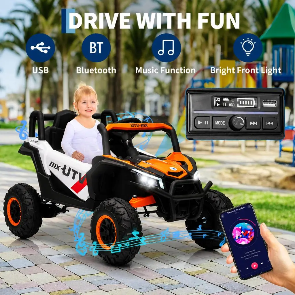 Idealhouse 12V Truck UTV Kids Ride-On Car, 4WD/2WD Switchable Electric Vehicle with Remote Control, 4 Spring Suspension, EVA Tires, Safety Belt, Double Open Doors, Bluetooth Audio, LED Lights, Built-In Batteries for 3-8 Years,familyfun