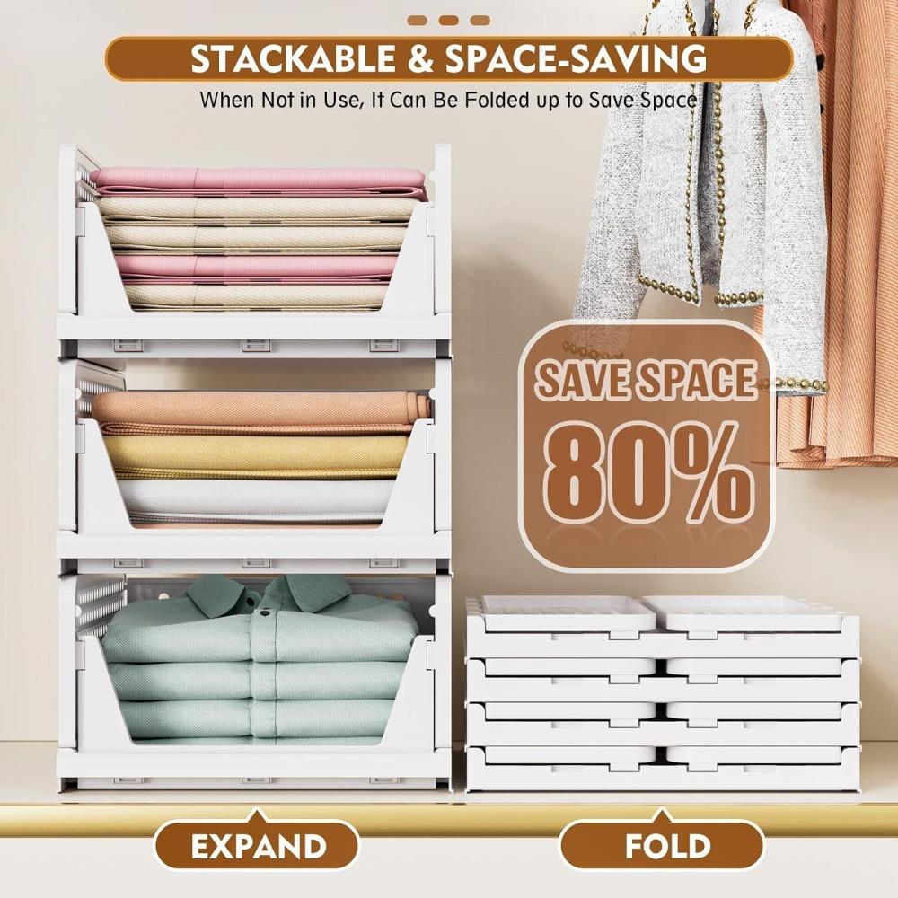 5-piece stackable and foldable wardrobe organizer boxes, suitable for storage in bedrooms, bathrooms, laundry rooms, and wardrobes, space-saving clothing storage drawer organizing baskets, white, Folding Storage Boxes