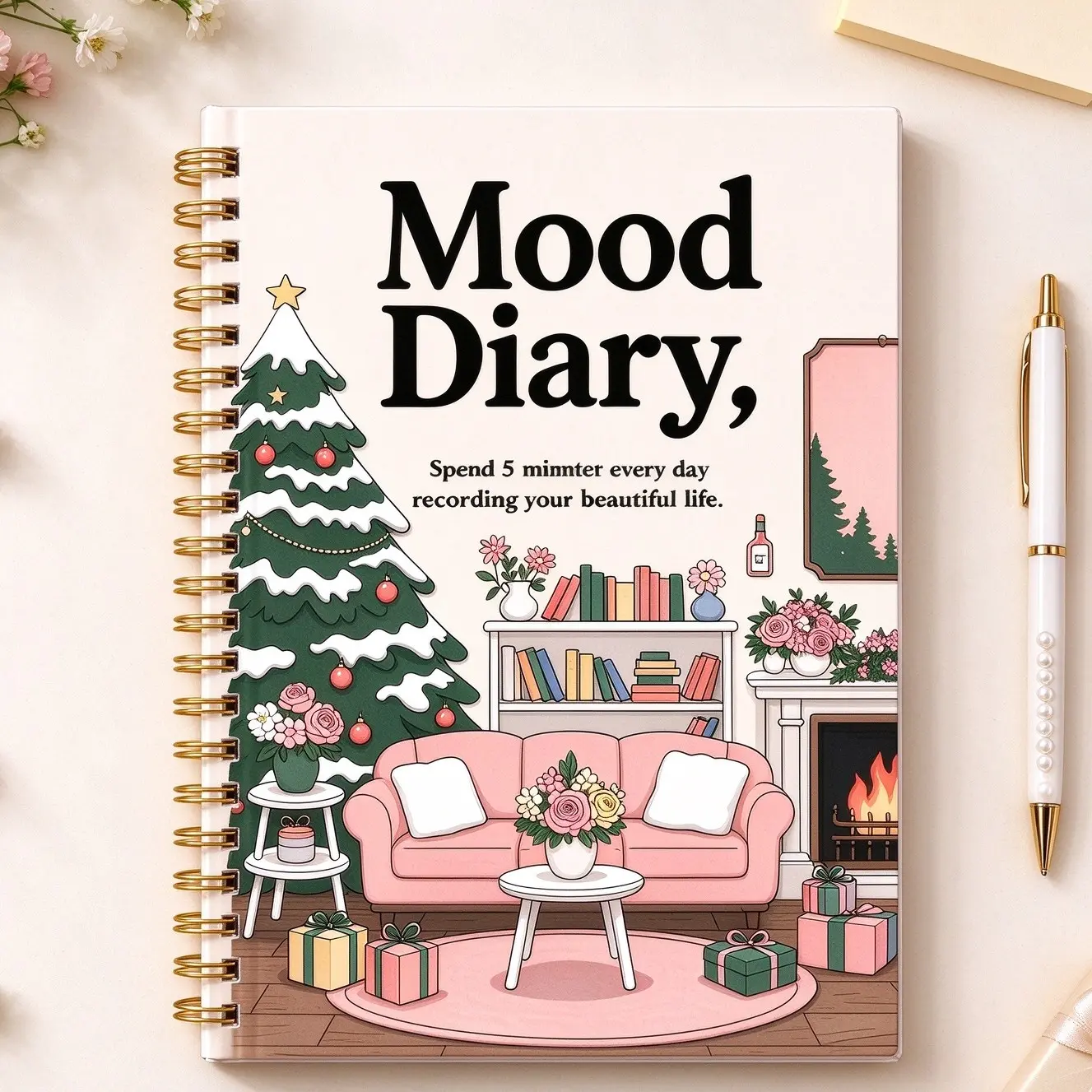 Mood Diary, Inspirational Journal for Women, Self Care & Mental Health Spiral Notebook, Gratitude Manifestation Diary, Aesthetic Christmas Cozy Design Journal, Motivational Self Love Self Improvement Notebook, Cute Stationery, Christmas Gift