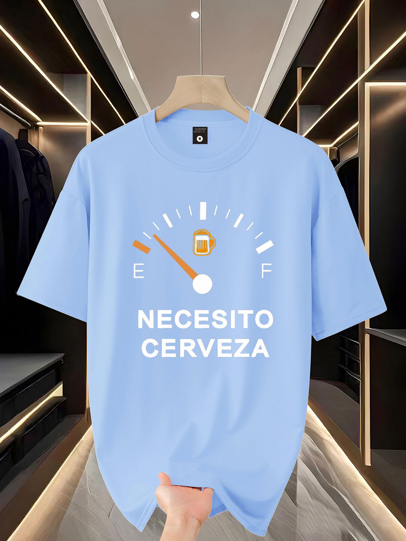 Funny Beer-Themed Short Sleeve T-Shirt, Fun Design with Spanish Text & Gas Gauge Graphic, Perfect for Casual Wear