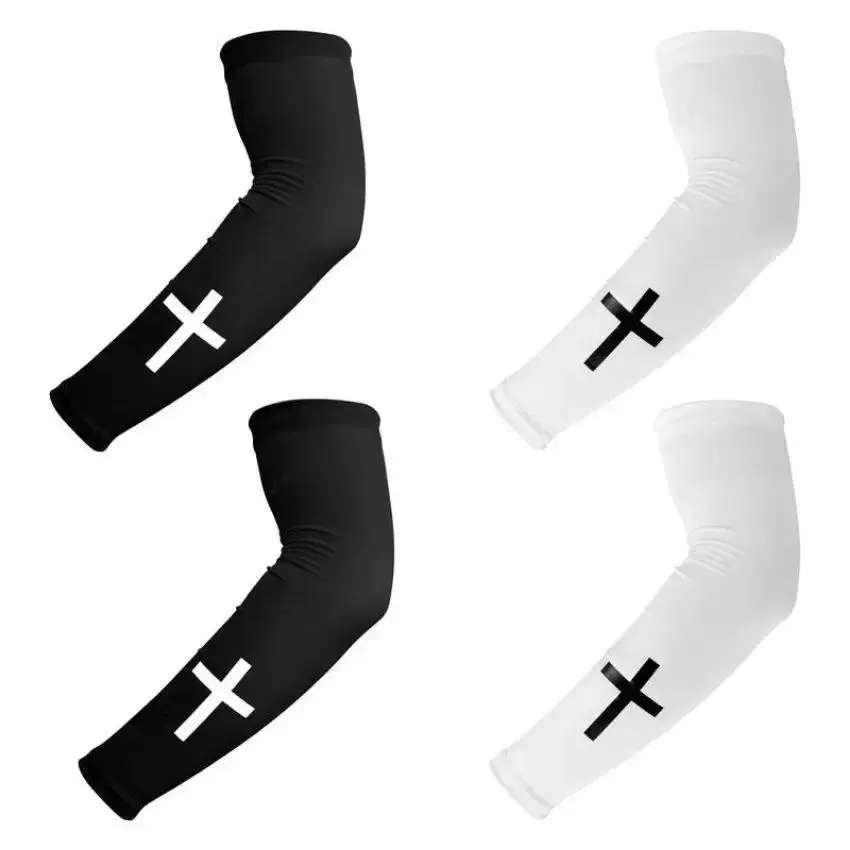 Unisex Criss Cross Pattern Adjustable Polyester Cooling Compression Arm Sleeves (2 Pairs, Black & White) - Sports Accessories for Football, Outdoor Training, Gym, Boating, Soccer, Breathable, Fishing, Fitness