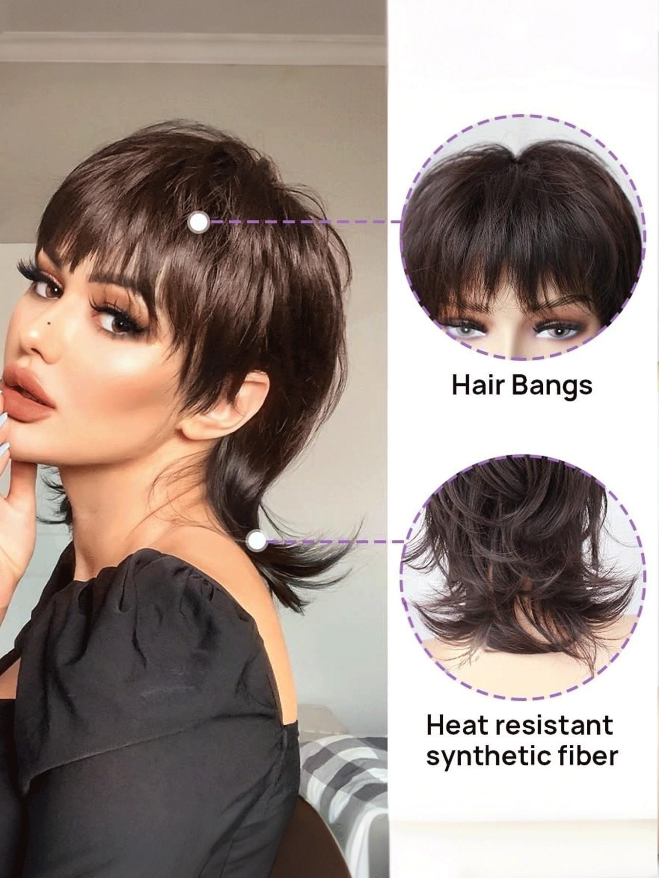 8 Inch Short Pixie Cut Wig With Bangs, Natural Black Brown Shaggy Layered 80s Mullet Wig, Heat Resistant Fluffy Curly Glueless Synthetic Wig, Synthetic Material Wigs, Realistic Scalp Top Soft Fiber Hair Replacement Wigs for Women Daily Party Cosplay Wig