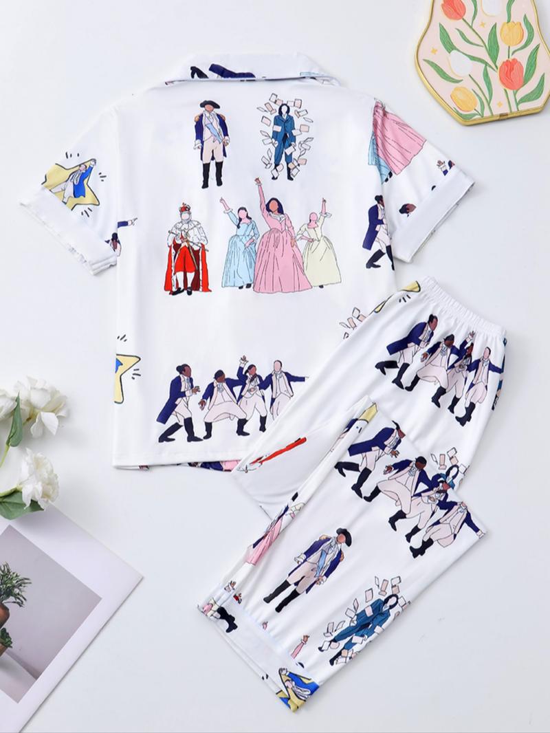 Women's Hamilton Music Print Pajama Set, Casual Comfy Pajama, Short Sleeve Shirt Collar with Buttons, Soft Comfortable Casual Homewear for All Seasons