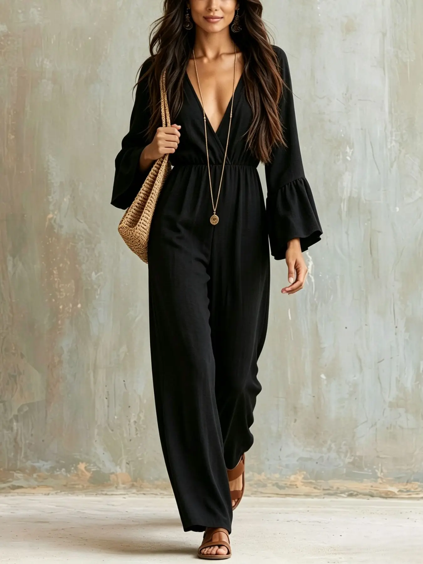 Boho Retro Deep V Neck Bell Sleeve Textured Romper, Loose Wide Leg Beach Romper, Casual Vacation Style, Comfortable and Stylish