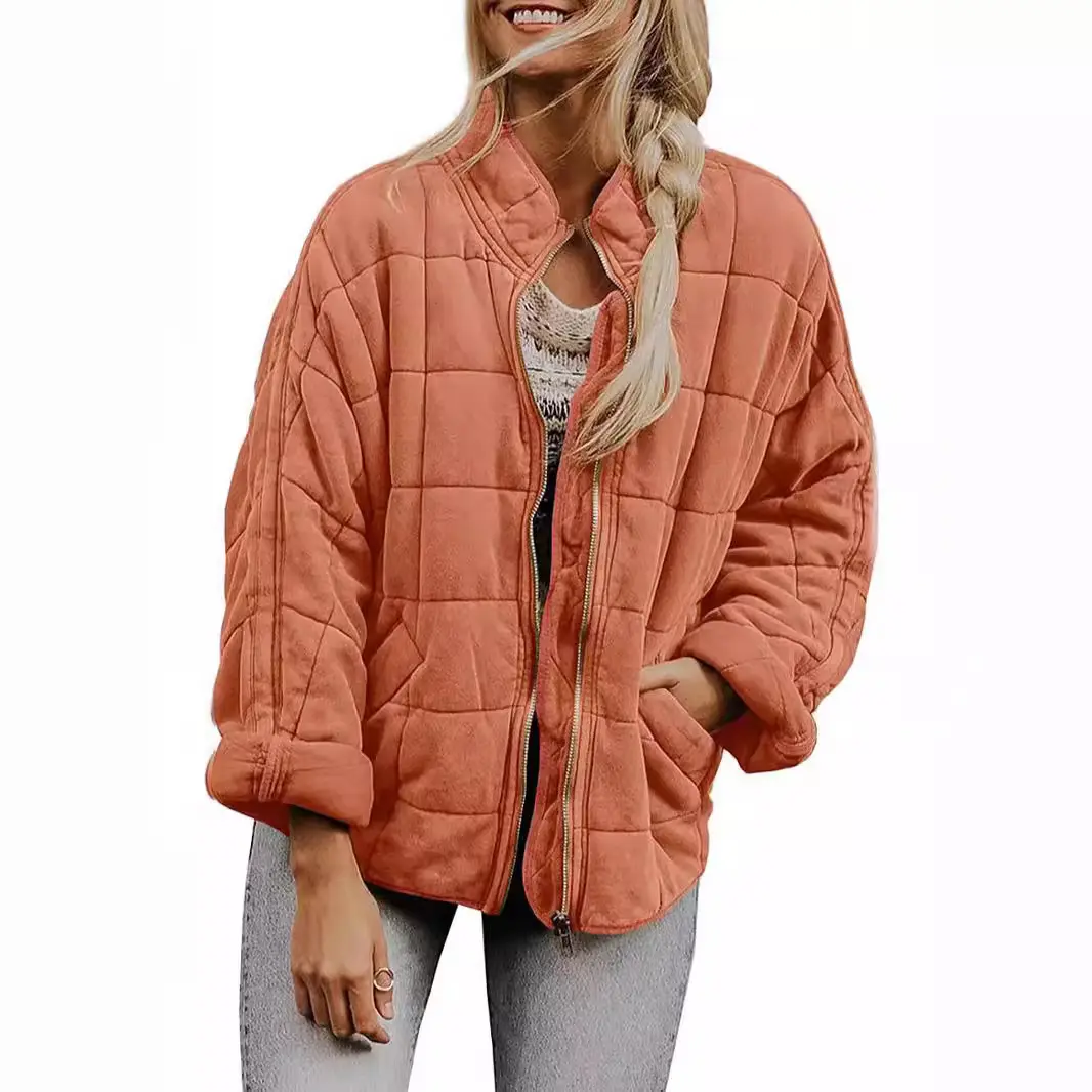 Women's Quilted Zip-Up Oversized Puffer Jacket - Stand Collar, Long Sleeve, Pocketed, Comfortable Relaxed Casual Fall Winter Outerwear, Zipper-Closure Everyday Clothes for Women