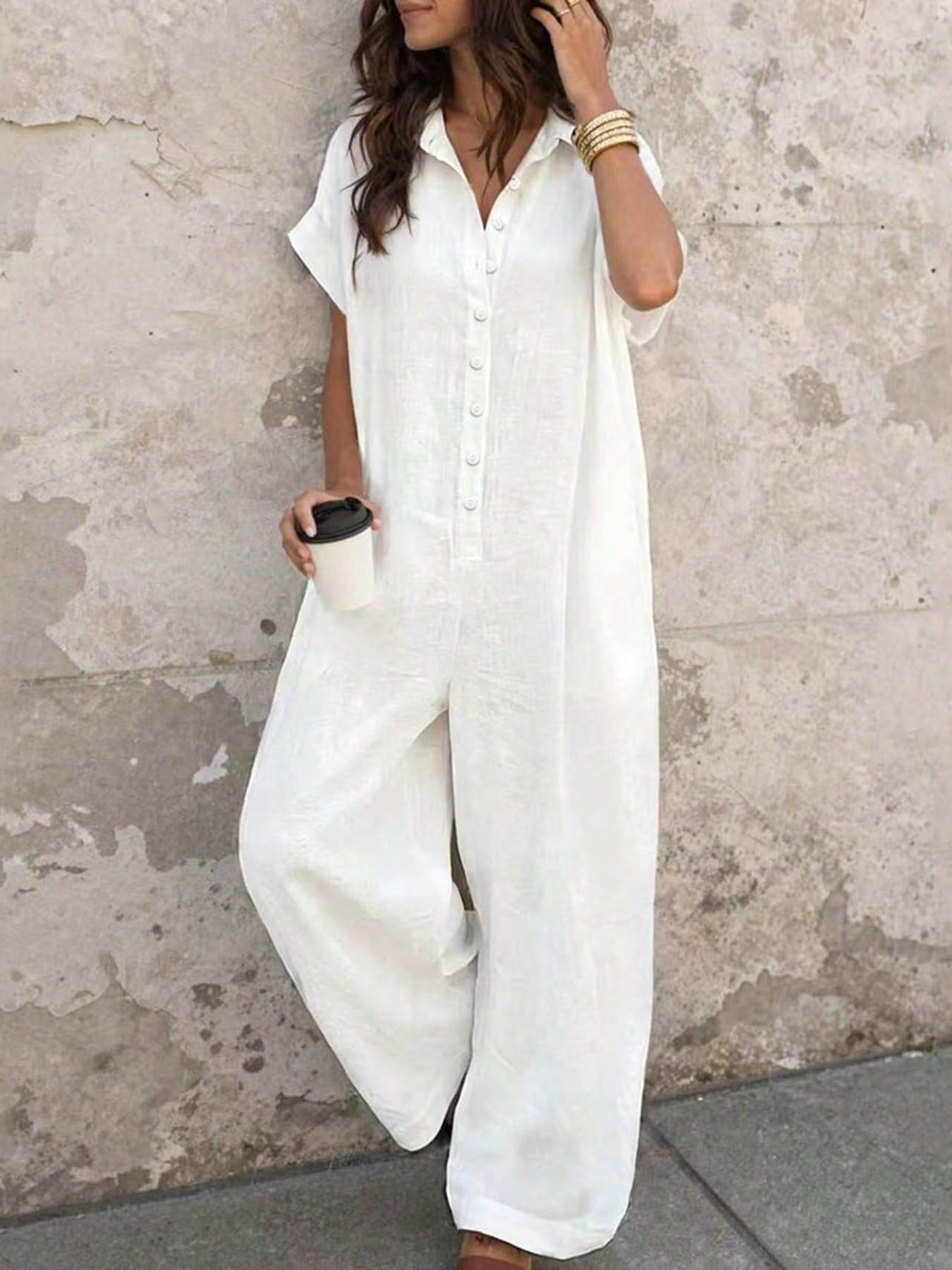 Women's Casual Loose-Fitting Breathable Jumpsuit, Summer Short Sleeve Collared Print Jumpsuit, Wide Leg Long Pants with Button Closure