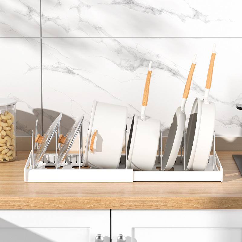 Expandable Pot and Pan Organizer Rack for Cabinet, Pot Lid Organizer Holder with 7 Stainless Steel Adjustable Dividers for Kitchen Cabinet Organizer and Storage (White)