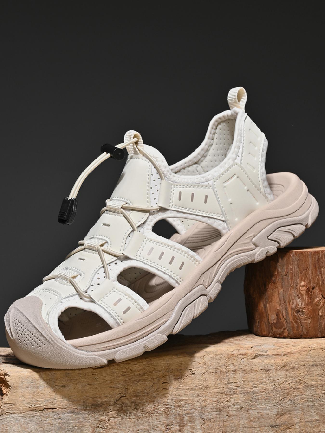 Men's Black and White Drawstring Closed-Toe Outdoor Sandals Thick-Soled Non-Slip Hollow-Out Water Shoes Breathable Durable Beach Hiking Shoes