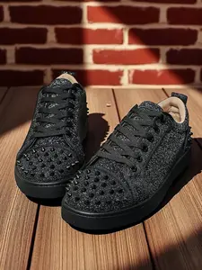 "People with Wider Feet Please Choose One Size Larger." Men's Studded Decor Lace Up Athletic Skate Shoes, Skater Shoes, PVC Leather Sole, Sneaker, Trainer, Casual Comfortable Sports Shoes for Daily Wear