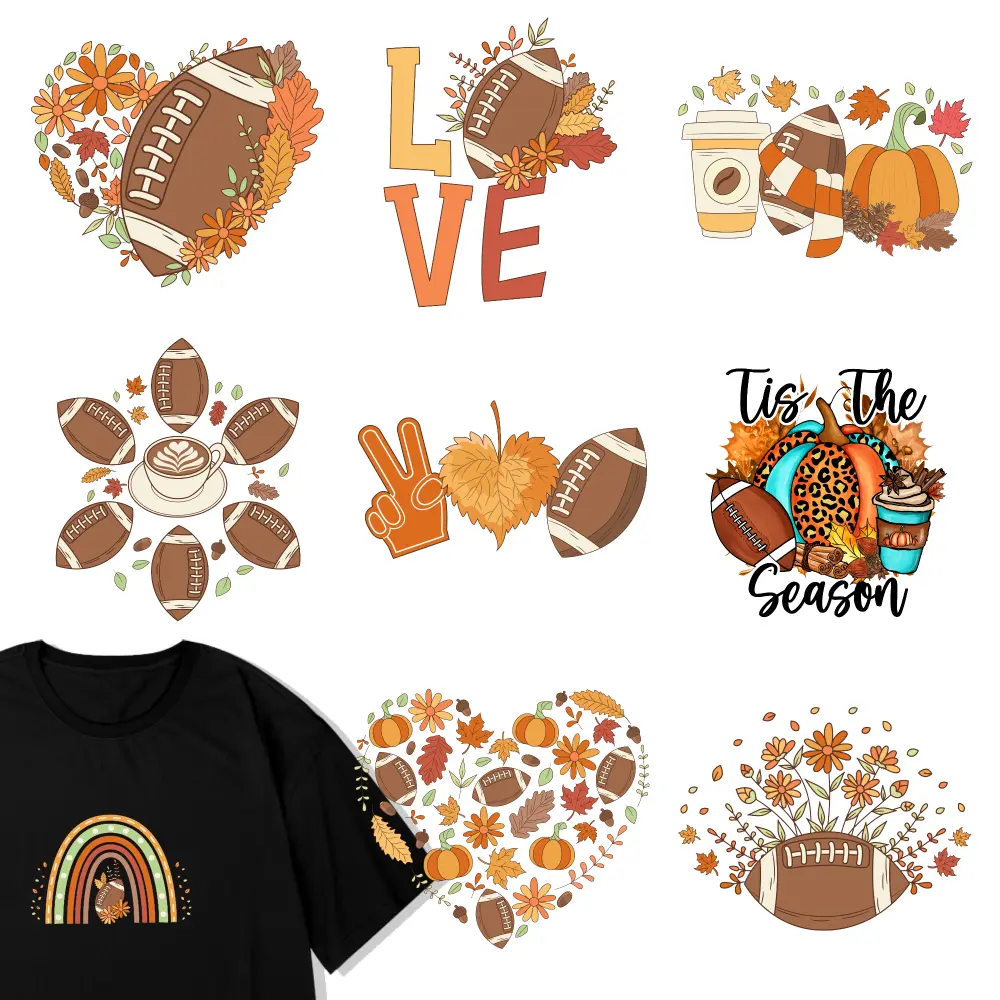 9 Pcs Fall Football Love Football Pumpkin Coffee Football Flower Peace Leaf Tis Season Rainbow Turkey Heart Autumn Flower Football Iron on Transfers Easy to heat press decals Press Washable Stickers DTF Transfers Ready Washable heat