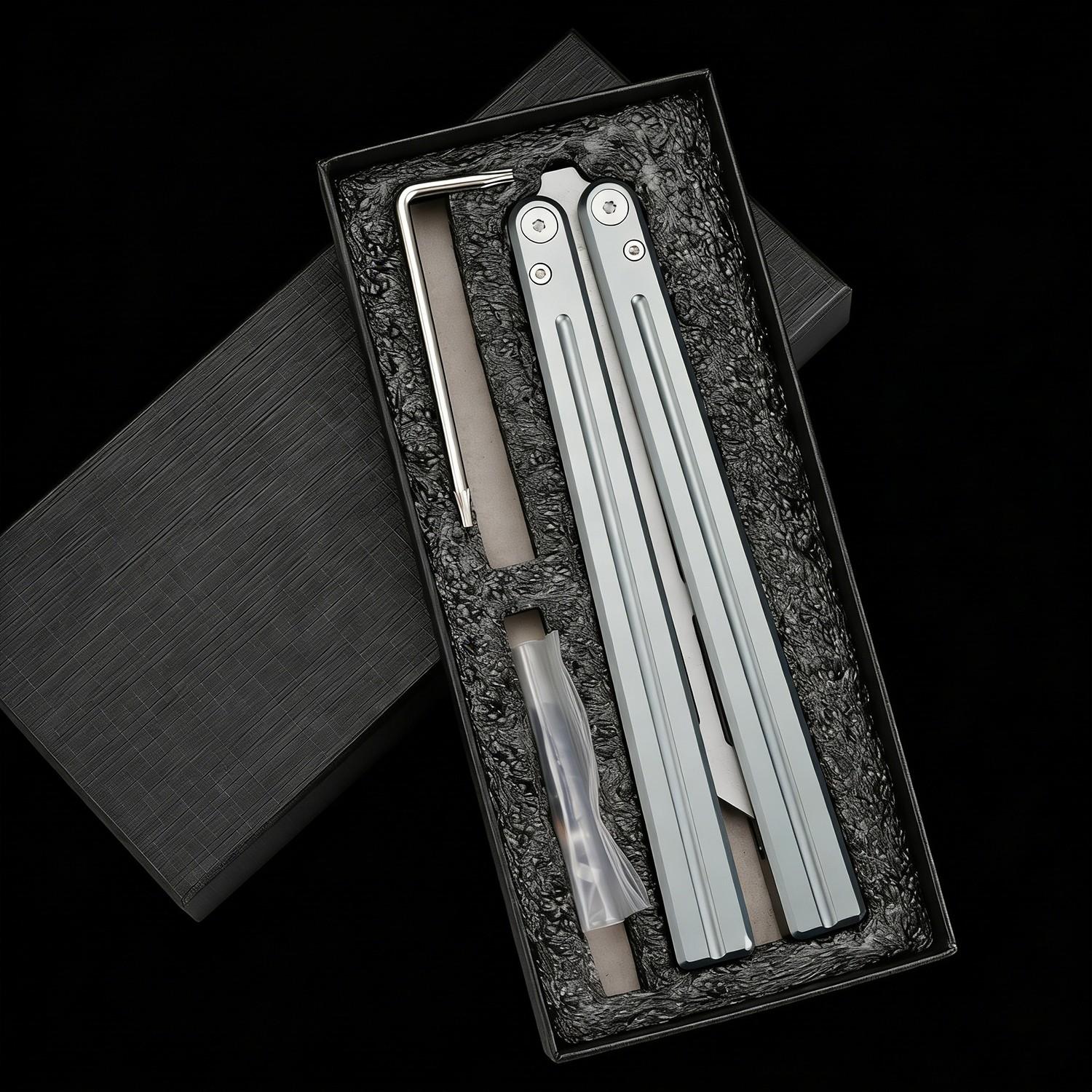 Silver Color Aluminum Balisong Butterfly Trainer, Beginner Training Knife Set, Unsharpened Blade, Perfect Gift for Friends