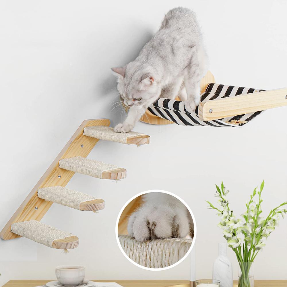 3pcs Wall Mounted Cat Hammock Shelves With Scratching Posts Step Ladder Set For Indoor Cat Wall Furnitures Climbing Playing  Made Of Pine Wood Home Animal