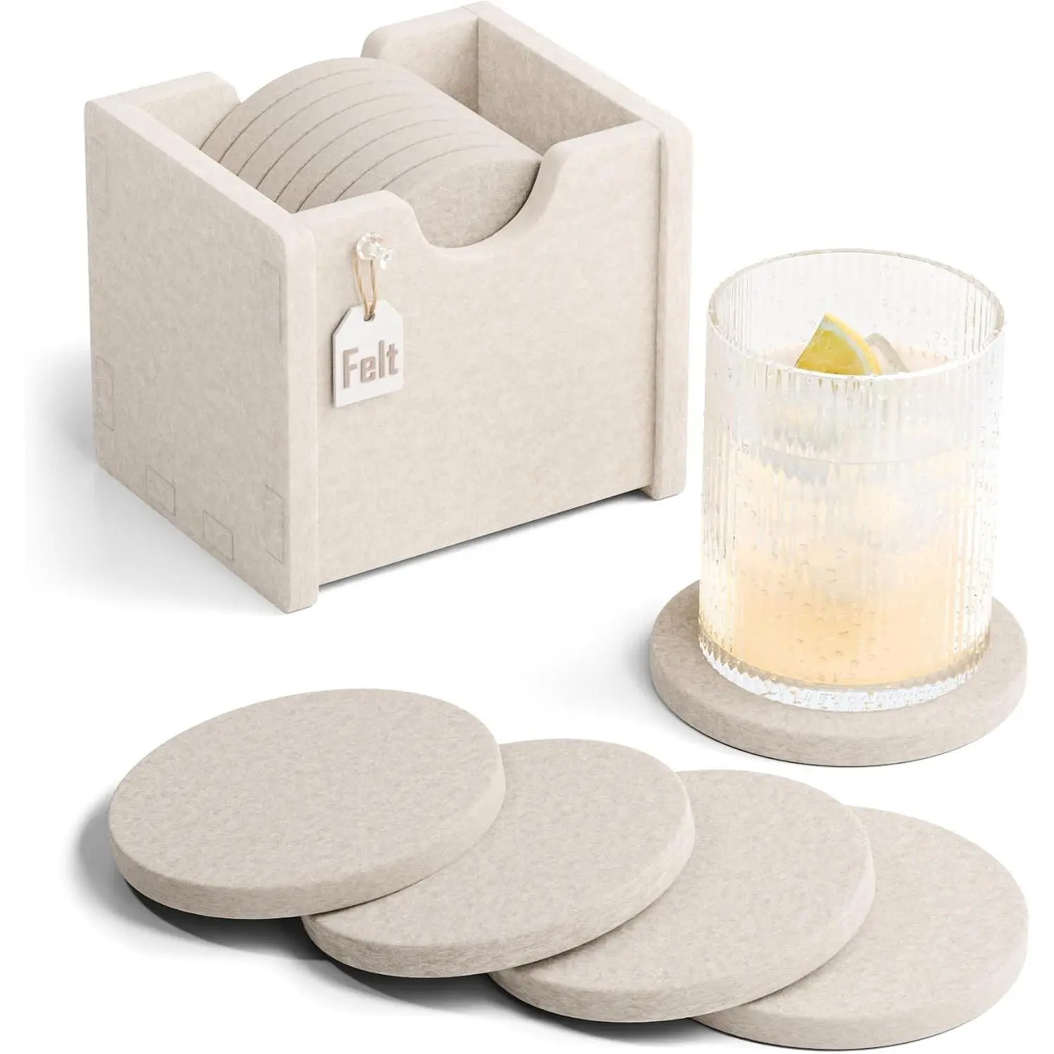 Fluxynara Felt Coasters with Holder, Set of 8 for Drinks, Oatmeal | Round Felt Coasters, Absorbent, Heat-Resistant & Reusable for Drinks, Ideal for Coffee Tables and Living Rooms, 3.94 Inch