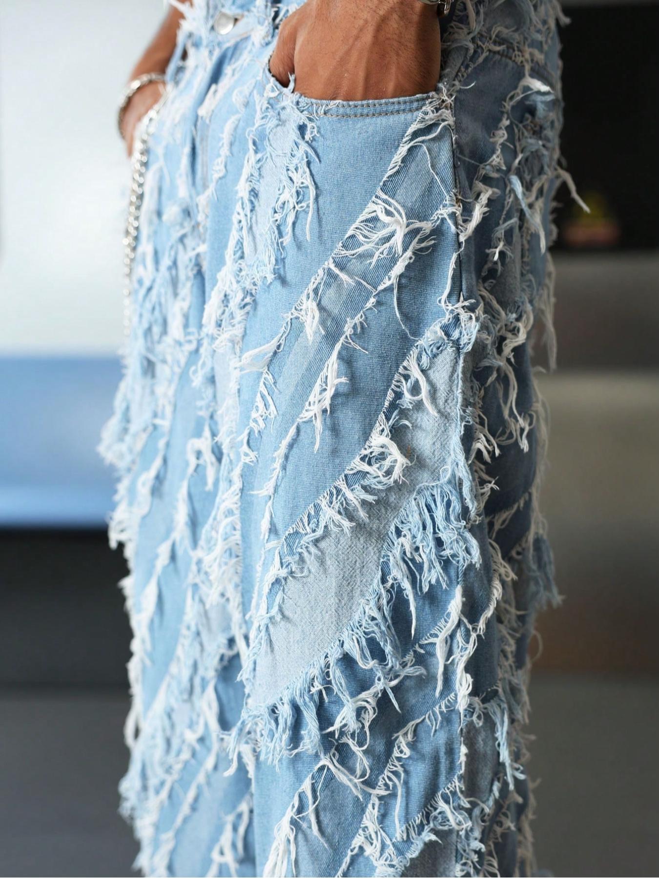 Men's Street-Style Trendy Frayed Straight-Leg Jeans with Pockets. Loose Distressed Long Pants, Retro, Vintage & Fashionable, Comfortable & Slim-Fit, Suitable for Men's Daily Casual & Outdoor Wear.