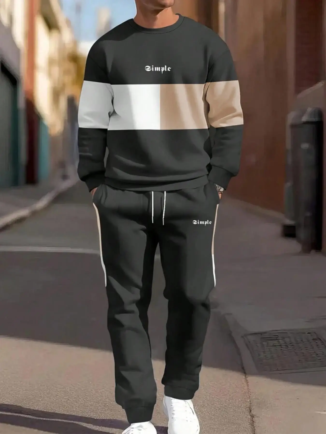Men's Hooded Sweatshirt Set, Solid Color Patchwork Round Neck Long Sleeve Letter Print Top and Pants, Casual for Men