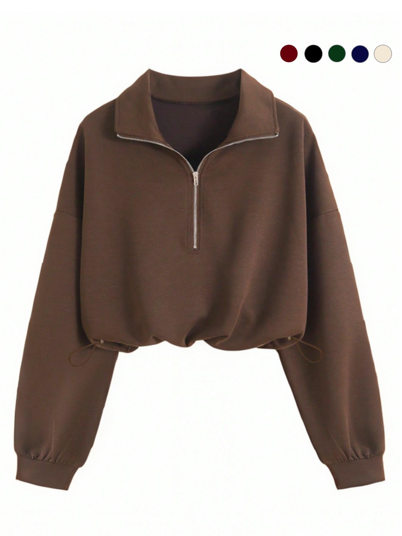 Women's Fashion Aesthetic Adjustable Drawstring Half-Zip Sweatshirt, Slim Fit Fitted Solid Color Basic Short Top, Casual Stylish Ladies' Pullover
