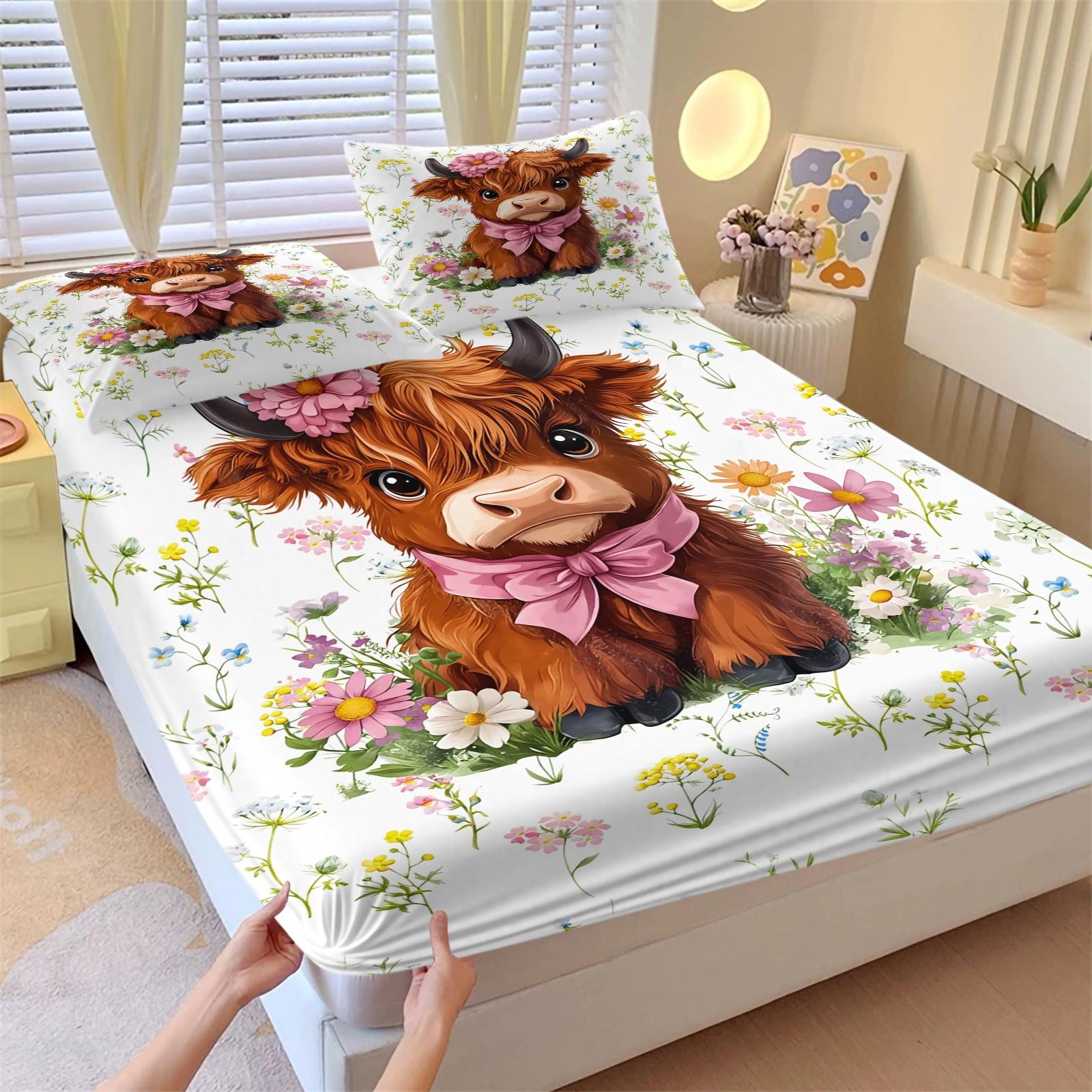 3-Piece Highland Cow & Sunflower Fitted Sheet Set, 1 Fitted Sheet + 2 Pillowcases, Soft Breathable Fabric, Non-Slip Mattress Cover, Floral Cow Bedding, Perfect for Teen Bedroom, Farmhouse Room Decor