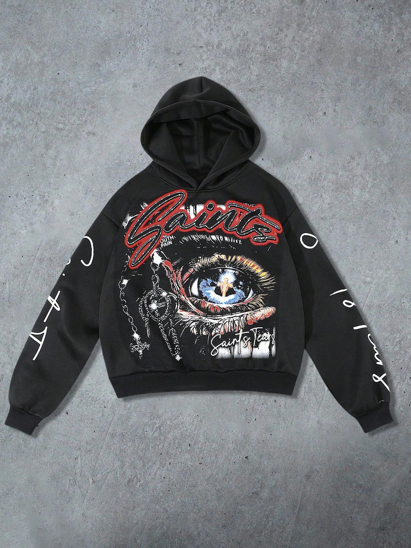 Men's Hooded Sweatshirt Autumn Winter Street Style American Fashion Eye Element English Pattern Print Short Hoodie Casual Streetwear Sweatshirt