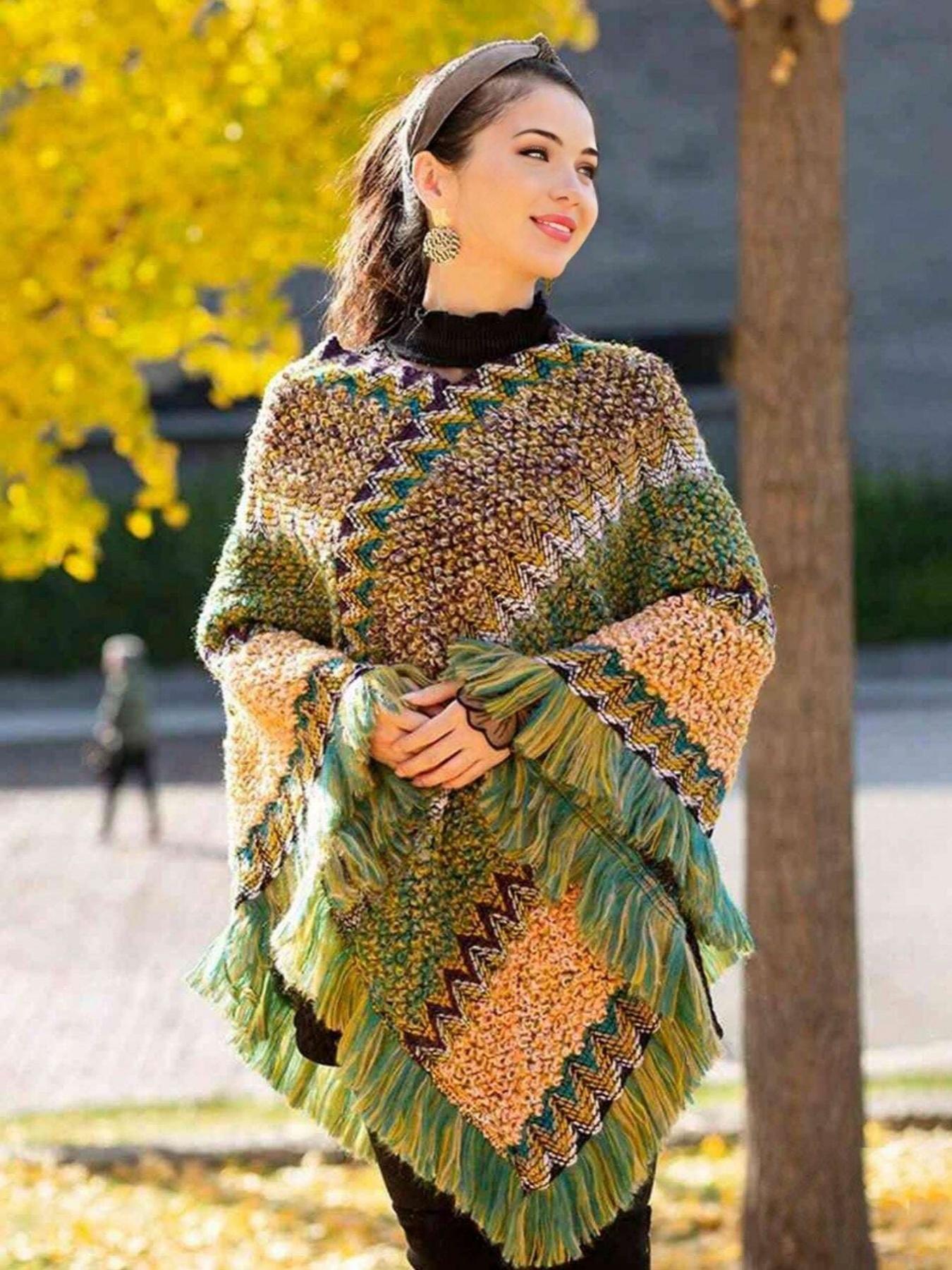 1pc Herringbone Tassel Shawl, Boho Style Shawl, Shawl Cape, Fashion Versatile Travel Poncho, Warm Scarf Wrap, Tassel Decor Shawl