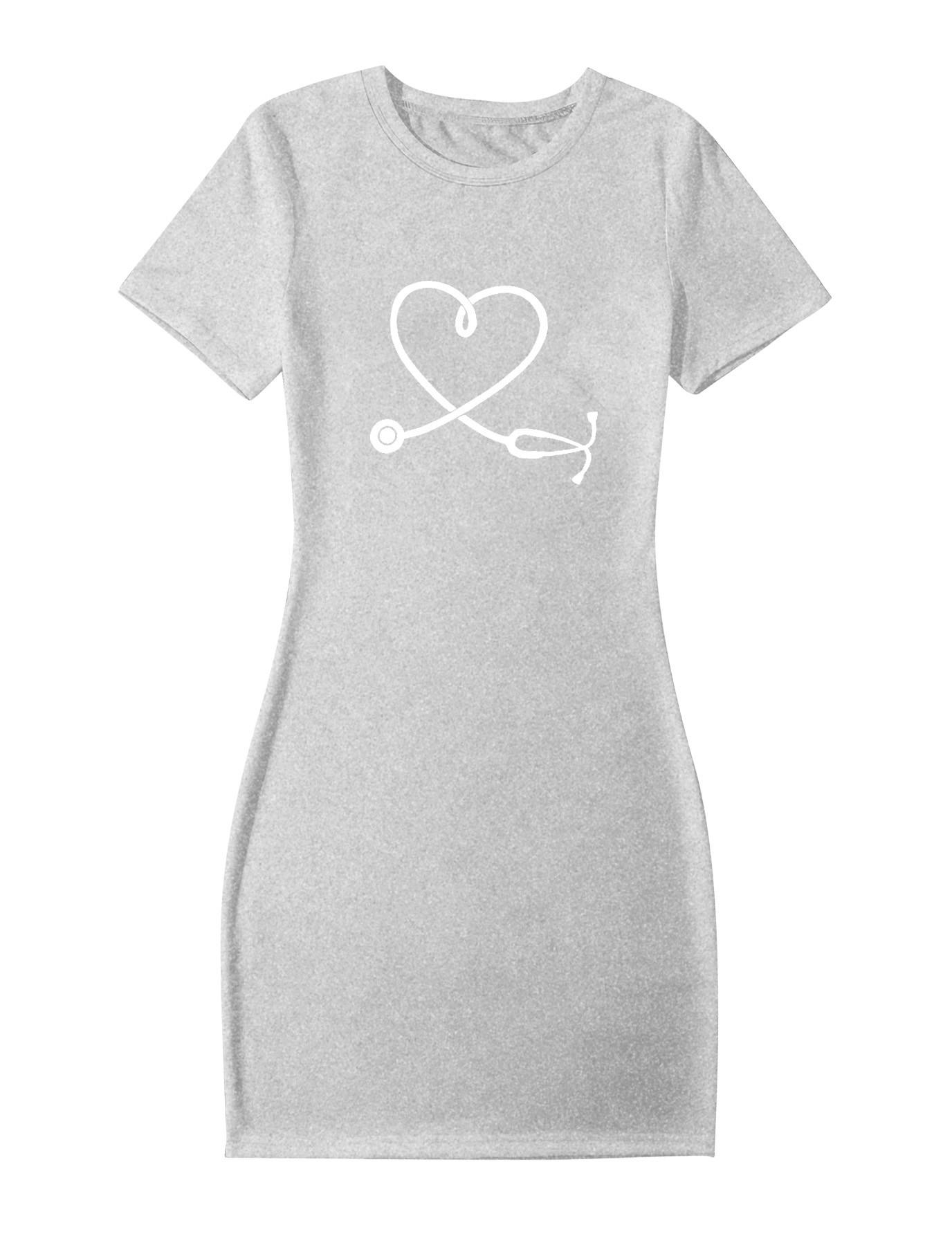 Stethoscope Heart T Shirt Dress for Women Short Sleeve Bodycon Mini Dresses Nurse Medical Graphic Tees Dress Casual Y2K Streetwear for Summer Daily Outings Going Out Party Vacation Comfy Soft Dress Multiple Colors Available