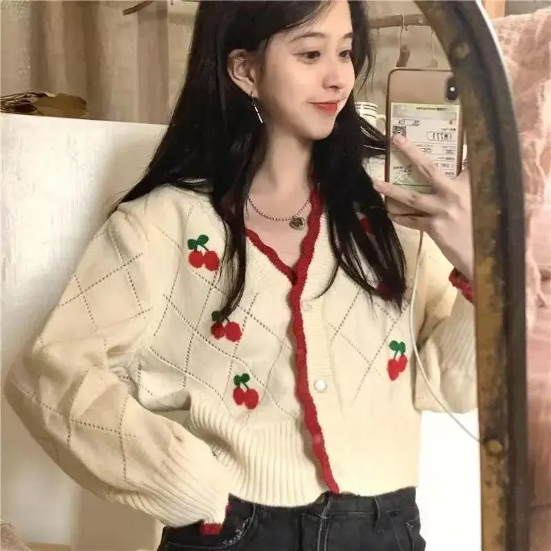 Cherry Cardigan Cute Applique Long Sleeve Button Front Sweater Jacket for Women Autumn Winter Vintage Cottagecore Outfit