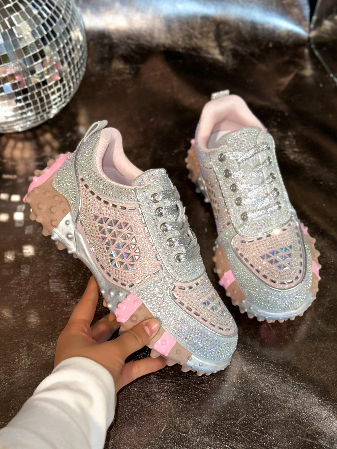 Silver Color Gradient Full Rhinestone Shoes, Diamond Cut Water Drills, 3D Flashing Pieces, Disco Reflective Effect, Thick Sole, Sweet Cool Style
