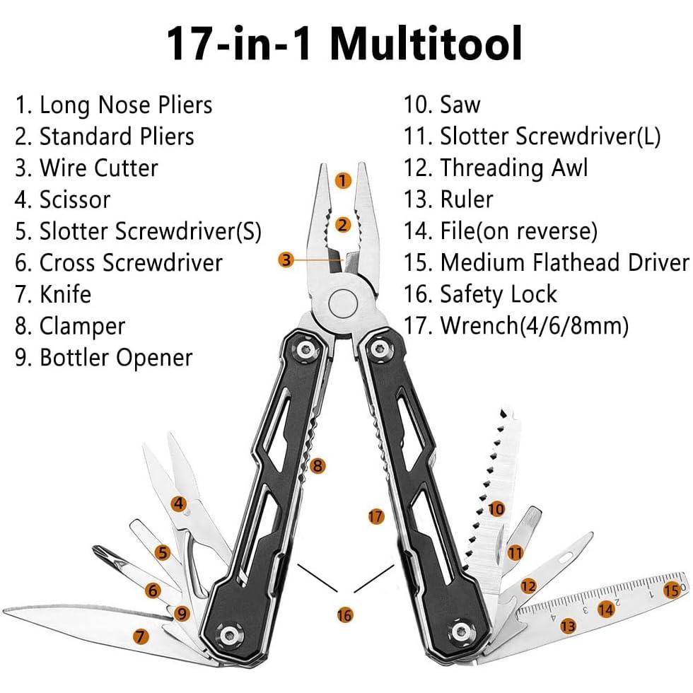 EDC Upgraded 17-in-1 Multitool with Pliers  & 15+ Tools Professional-Grade Stainless Steel Camping/ Gear | Safety Lock Non-Slip Grip Compact Oxford Pouch DIY// Repair