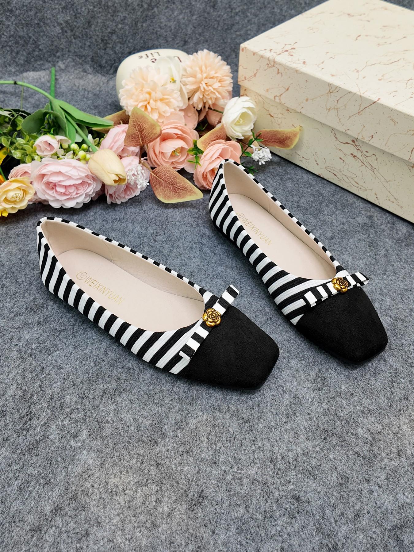 Cute Striped Bow Flat Shoes, Camellia Decoration, Women's Comfortable Casual Shoes, Student Weekend