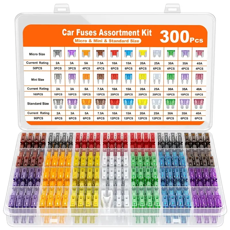 300Pcs Car Fuse Assortment Kit - 160 Mini, 90 Standard, 50 Micro Automotive Fuses + Puller, Replacement for ATV, SUV, Camper RV, (2A,3A,5A,7.5A,10A,15A,20A,25A,30A,35A,40A)