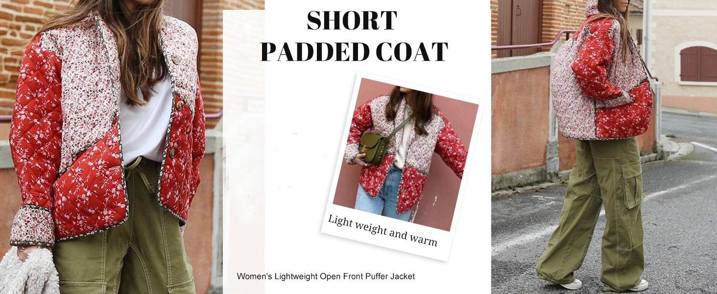 Molitree Women's Cropped Floral Quilted Jacket Cardigan Printed Lightweight Open Front Padded Puffer Coat