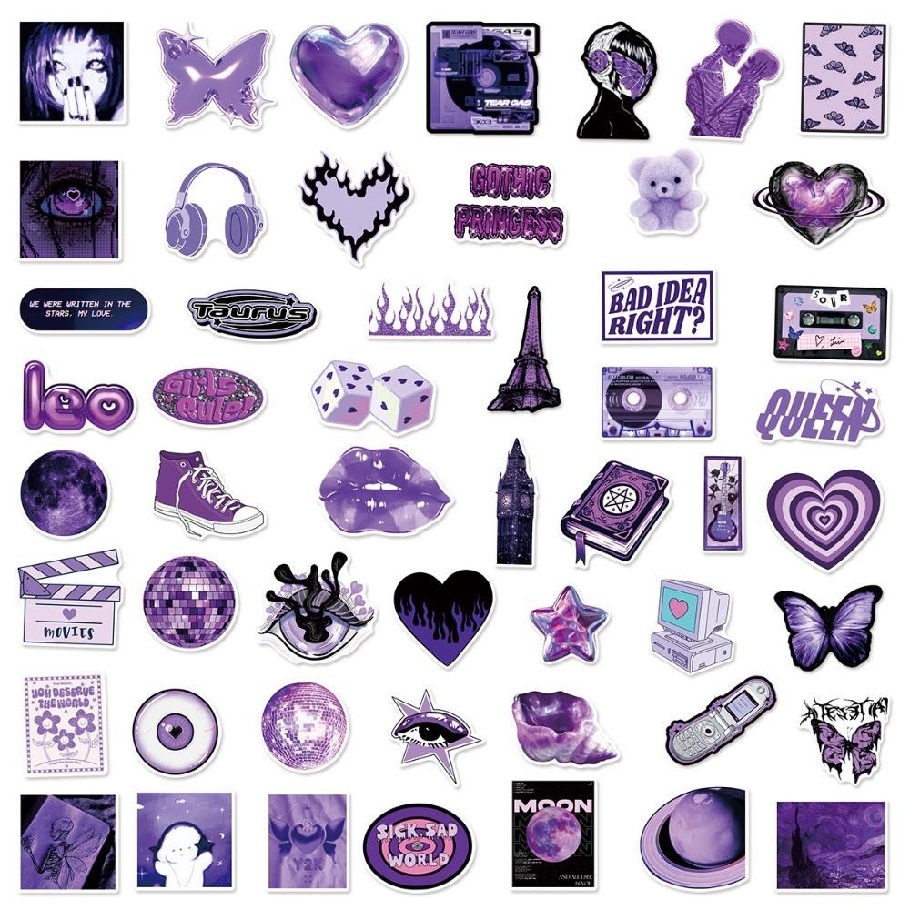 50Pcs Ins Trendy Purple Y2K Girl Stickers Waterproof Graffiti Decals for Scooter Helmet Luggage Decor