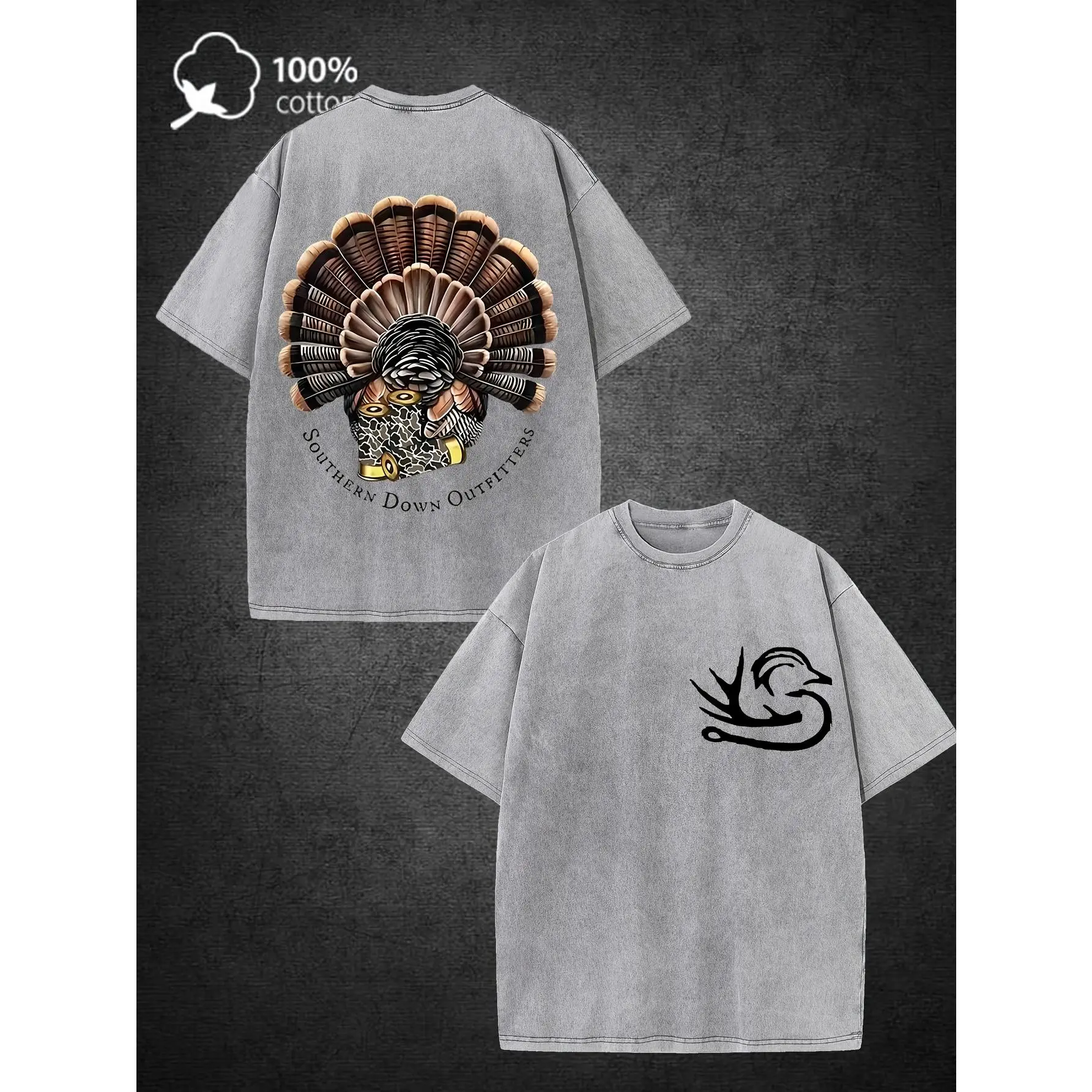 Men's Cotton Stretch Short-Sleeve Round Neck T-Shirt - Vintage Street Style, Double-Sided Turkey-Inspired Print, Casual Tops for Outdoor Hunting Clothes