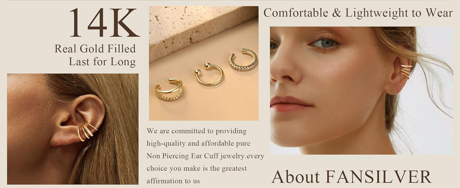Fansilver 3count Ear Cuff Earrings for Women Non Piercing 14K Gold Plated Ear Cuffs Clip on Cartilage Earrings Adjustable Fake Earrings Lightweight Back to School Soft Copper Material
