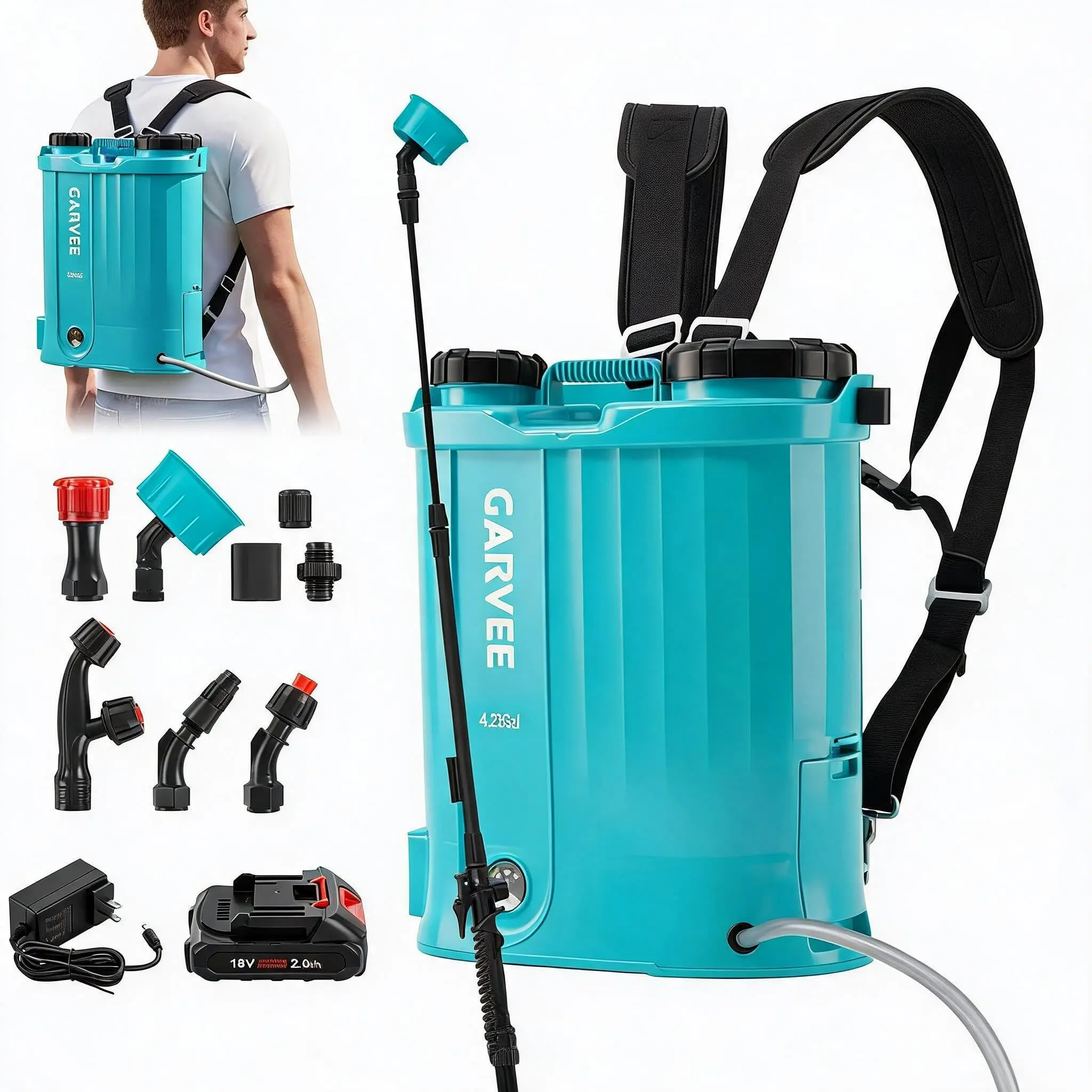 Powerful 4.23 Gallon Battery Powered Backpack Sprayer - 18V 2Ah Rechargeable, Adjustable 0-65 PSI, 5 Nozzles, 1 Wand, Wide Mouth Lid - Perfect for Garden and Lawn Spraying - White + Lake