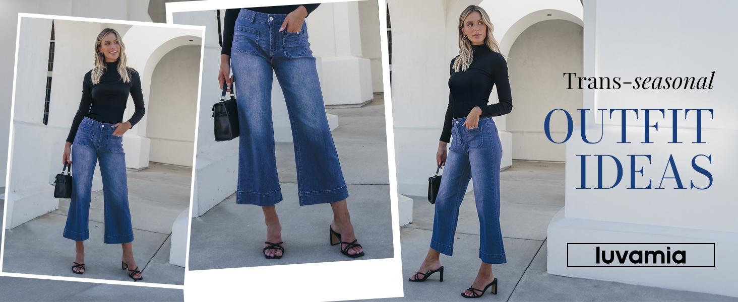luvamia Wide Leg Jeans for Women Trendy High Waisted Flare Jeans Cropped Denim Pants Stretchy Baggy with Patch Pockets Bottom Womenswear Wideleg Basic bootcut jeans baggy jeans jeans for women Trouser